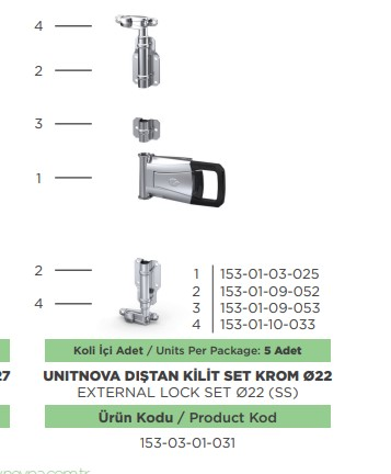 UNITNOVA DISTAN KILIT KOMPLE SET KROM CAP 22